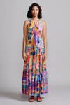Buy_Dash And Dot_Multi Color Viscose Halter Neck Floral Abstract Print Top And Skirt Set _Online_at_Aza_Fashions