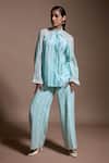 Dash And Dot_Green 100% Recycled Polyester Embroidered Lace High Geometric Work Pant _Online_at_Aza_Fashions