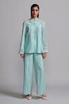 Shop_Dash And Dot_Green 100% Recycled Polyester Embroidered Lace High Geometric Work Pant _Online_at_Aza_Fashions