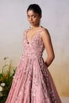 Buy_Mirroir_Pink Metallic Tissue Embroidered Sequin V-neck Floral 3d Embellished Gown _Online_at_Aza_Fashions