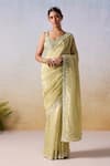 Buy_Mirroir_Green Silk Tissue Embroidered Sequin Scoop Floral Bead Border Saree With Blouse _at_Aza_Fashions