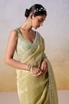 Shop_Mirroir_Green Silk Tissue Embroidered Sequin Scoop Floral Bead Border Saree With Blouse _Online_at_Aza_Fashions