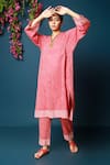 Shop_Vasstram_Red Cotton Printed Gingham V Neck Roohi Kurta And Pant Set _at_Aza_Fashions