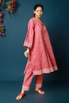 Vasstram_Red Cotton Printed Gingham V Neck Roohi Kurta And Pant Set _Online_at_Aza_Fashions