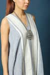 Shop_Vasstram_Blue Linen Embroidery Stripe V Neck Dhaara Pattern Dress _Online_at_Aza_Fashions