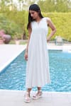 Buy_Vasstram_White Soft Cotton Printed Stripe Notched Leila Dress _at_Aza_Fashions