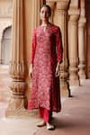 Buy_Megha Pitti_Red Dupion Silk Print Gul Keyhole Boat Neck Kurta With Pant _at_Aza_Fashions