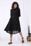 Vasstram_Black Cotton Slub Plain Round Knotted Draped Dress _Online_at_Aza_Fashions