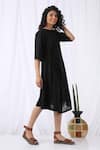 Shop_Vasstram_Black Cotton Slub Plain Round Knotted Draped Dress _Online_at_Aza_Fashions