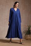 Buy_Vasstram_Blue Soft Cotton Textured Geometric Dress V-neck Ambar Solid Gathered _at_Aza_Fashions