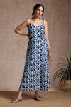 Vasstram_Blue Soft Cotton Textured Geometric Dress V-neck Ambar Solid Gathered _Online_at_Aza_Fashions