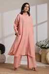 Vasstram_Peach Linen Solid Shirt Collar Suhana Tunic With Flared Pant _Online_at_Aza_Fashions