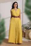 Shop_Vasstram_Yellow Linen Solid V-neck Samara Jumpsuit _Online_at_Aza_Fashions