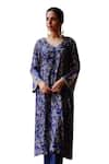 Megha Pitti_Blue Dupion Silk Print Gardenia Bloom Dori Embroidered Sleeves Kurta With Pant _at_Aza_Fashions