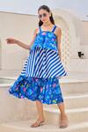 Buy_House of Zeniaa_Blue Butter Crepe Printed Floral Square And Stripe Tiered Dress _at_Aza_Fashions