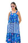 Shop_House of Zeniaa_Blue Butter Crepe Printed Floral Square And Stripe Tiered Dress 