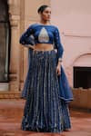 Megha Pitti_Blue Dupion Silk Printed Floral Boat Neck Pleated Lehenga Set _Online