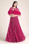 Buy_Ridhi Mehra_Fuchsia Net Embroidered Aari Blouse Scoop Lehenga Set With Feather Cape _at_Aza_Fashions