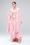 Buy_MINAXI DADOO_Pink Dupion Embroidered 3d Flower Blouse U Neck Cape Ruffled Skirt Set _at_Aza_Fashions