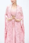 Buy_MINAXI DADOO_Pink Dupion Embroidered 3d Flower Blouse U Neck Cape Ruffled Skirt Set 