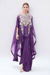 MINAXI DADOO_Purple Dupion Embroidered Golden Thread Work Butterfly Cape And Draped Skirt Set _Online_at_Aza_Fashions