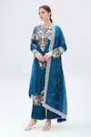 MINAXI DADOO_Blue Dupion Embroidered 3d Flowers Closed Neck Straight Kurta Set _Online_at_Aza_Fashions