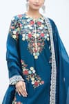 MINAXI DADOO_Blue Dupion Embroidered 3d Flowers Closed Neck Straight Kurta Set _at_Aza_Fashions