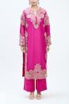 MINAXI DADOO_Pink Dupion Embroidered 3d Flowers Notched Applique Straight Kurta Set _Online_at_Aza_Fashions