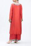 Shop_MINAXI DADOO_Orange Kurta Dupion Embroidered Kasab Closed Neck Straight Palazzo Set _at_Aza_Fashions