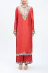 Buy_MINAXI DADOO_Orange Kurta Dupion Embroidered Kasab Closed Neck Straight Palazzo Set _Online_at_Aza_Fashions