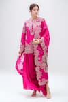 Buy_MINAXI DADOO_Pink Silk Embroidered Thread Notched Short Kurta Draped Pant Set _at_Aza_Fashions