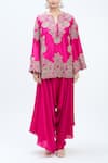 Buy_MINAXI DADOO_Pink Silk Embroidered Thread Notched Short Kurta Draped Pant Set _Online_at_Aza_Fashions