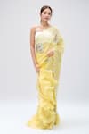 MINAXI DADOO_Yellow Organa Scalloped Pearl Work Saree With Unstitched Blouse Piece _Online_at_Aza_Fashions