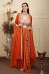 Buy_Lasha_Orange Bamberg Satin Embroidery Zari V Neck And Thread Vine Cape Draped Skirt Set _at_Aza_Fashions