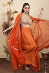 Lasha_Orange Bamberg Satin Embroidery Zari V Neck And Thread Vine Cape Draped Skirt Set _Online_at_Aza_Fashions