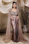 Buy_Lasha_Beige Italian Satin Embroidery Stardust Power Shoulder Cape Draped Skirt Set _at_Aza_Fashions