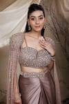 Lasha_Beige Italian Satin Embroidery Stardust Power Shoulder Cape Draped Skirt Set _Online_at_Aza_Fashions