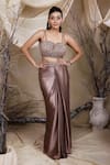 Shop_Lasha_Beige Italian Satin Embroidery Stardust Power Shoulder Cape Draped Skirt Set _Online_at_Aza_Fashions