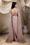 Shop_Lasha_Beige Italian Satin Embroidery Stardust Power Shoulder Cape Draped Skirt Set _at_Aza_Fashions