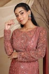 Buy_Lasha_Pink Crepe Embroidery Glass Bead Round Neck Layered Lehenga And Florin Blouse Set _Online_at_Aza_Fashions