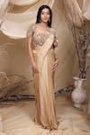 Buy_Lasha_Gold Italian Satin Embroidery Sequin Ray Embellished Pre-draped Saree Set _at_Aza_Fashions