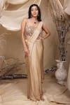 Lasha_Gold Italian Satin Embroidery Sequin Ray Embellished Pre-draped Saree Set _at_Aza_Fashions