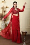 Buy_Lasha_Red Georgette Embroidery Cutdana Stand Collar Neck Gul Pre-draped Saree Set _Online_at_Aza_Fashions