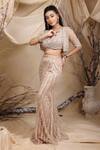 Lasha_Beige Tulle Embroidery Cutdana V Neck Phool Jaal Jacket Lehenga Set _at_Aza_Fashions