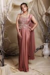 Buy_Lasha_Pink Italian Satin Embroidery Sequin Sweetheart Lily Bloom Draped Saree Gown _at_Aza_Fashions