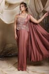 Lasha_Pink Italian Satin Embroidery Sequin Sweetheart Lily Bloom Draped Saree Gown _Online_at_Aza_Fashions