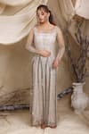 Buy_Lasha_Ivory Tulle Embroidery Crystals Deep Round Illusion Neck Fornix Gown _at_Aza_Fashions