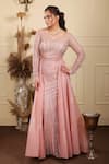 Lasha_Pink Tulle Embroidery Cutdana Illusion V Neck Florid Crystal Gown With Trail _Online_at_Aza_Fashions