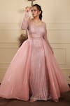 Shop_Lasha_Pink Tulle Embroidery Cutdana Illusion V Neck Florid Crystal Gown With Trail _Online_at_Aza_Fashions