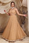 Lasha_Peach Georgette Embroidery Zardozi Daisy Bloom Jacket And Pleated Lehenga Set _Online_at_Aza_Fashions